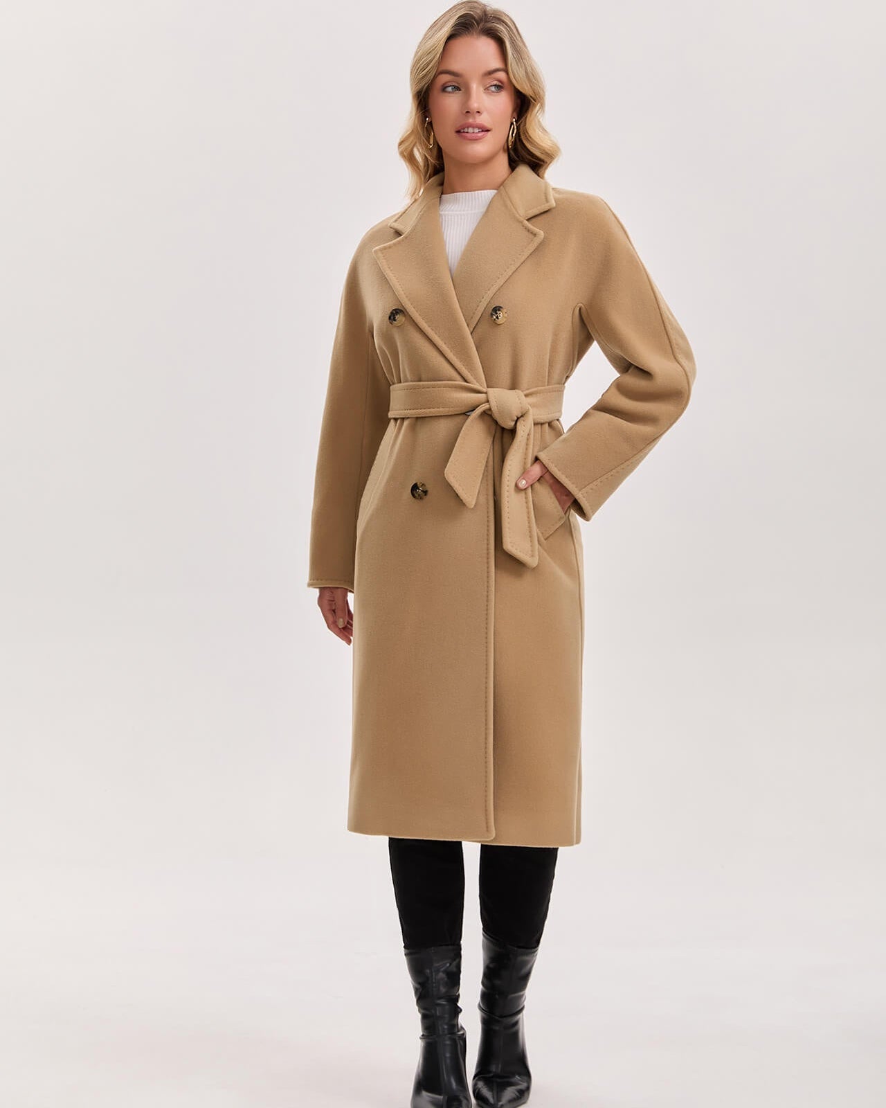 Max Mara Style Women’s Double-Faced 100% Wool & Cashmere Double-Breasted Coat- CAMEL