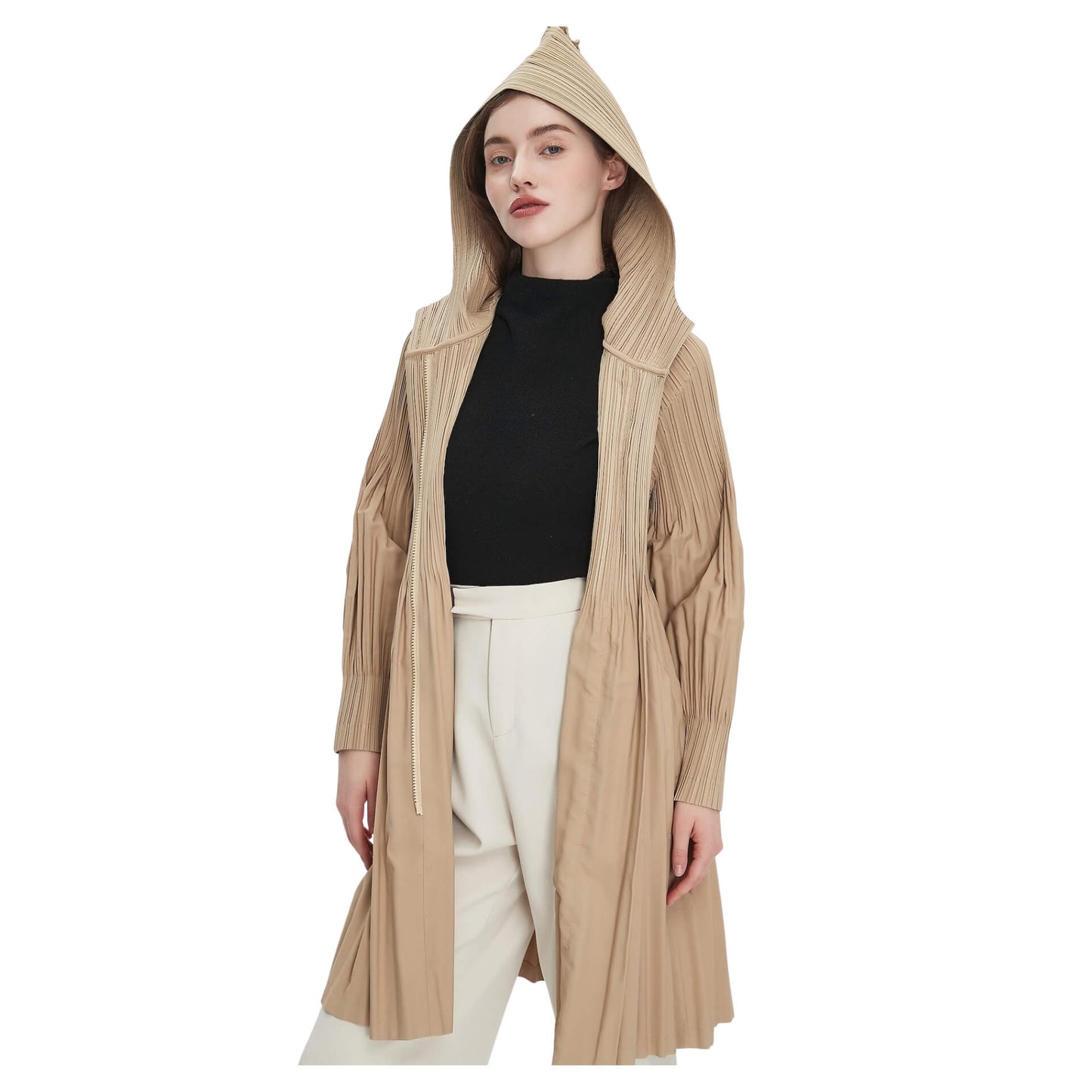 Women's Japanese Pleated Trench Coat with Hood – Lightweight & Breathable