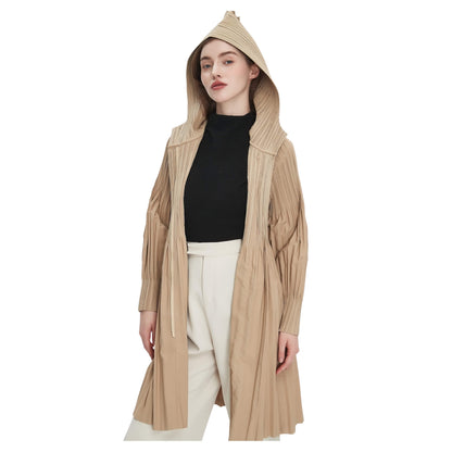 Women's Japanese Pleated Trench Coat with Hood – Lightweight & Breathable