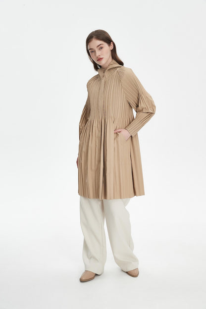 Women's Japanese Pleated Trench Coat with Hood – Lightweight & Breathable