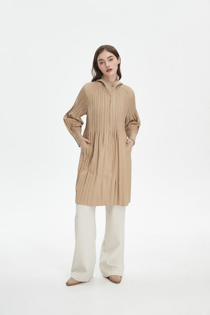 Women's Japanese Pleated Trench Coat with Hood – Lightweight & Breathable