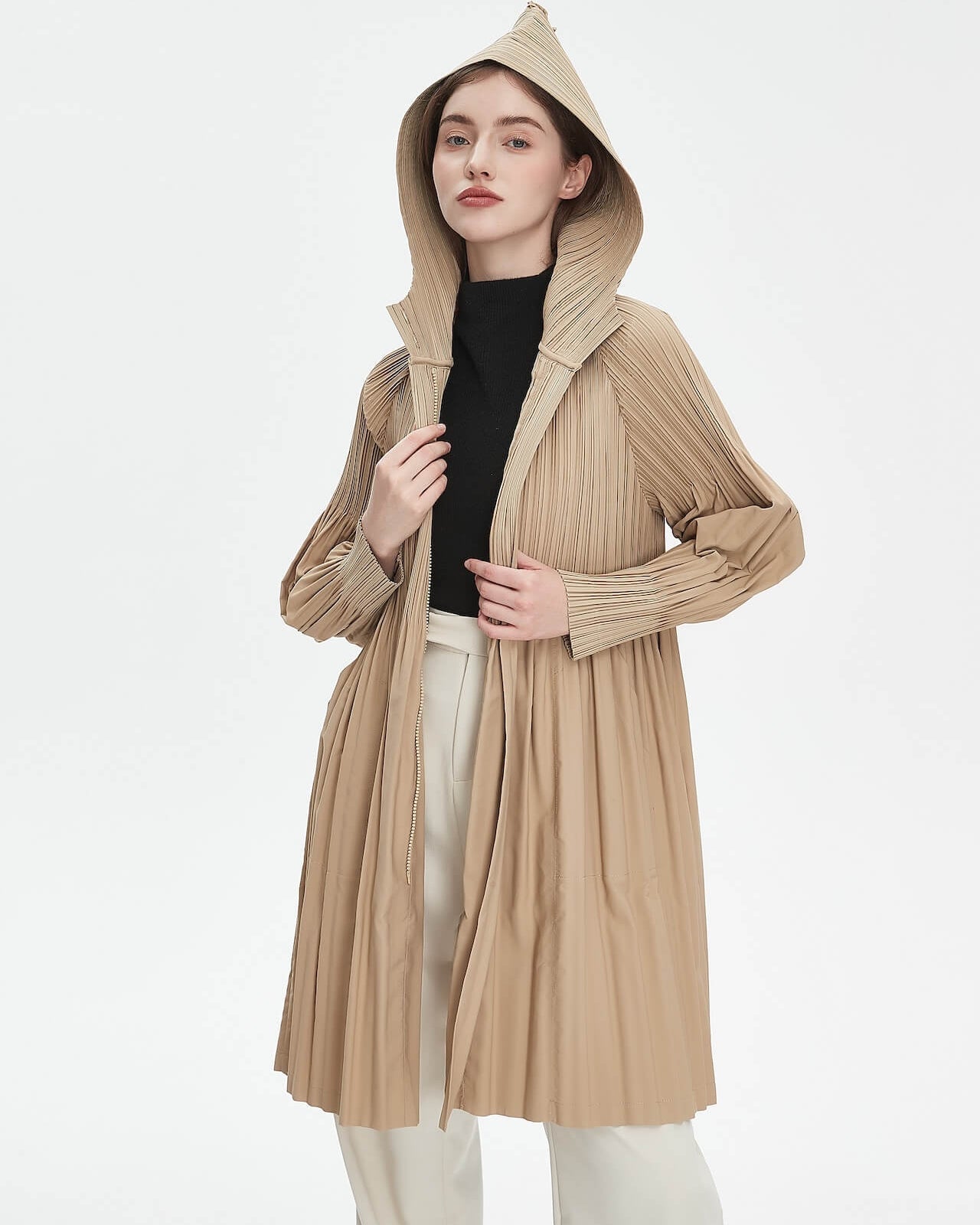 Women's Japanese Pleated Trench Coat with Hood – Lightweight & Breathable