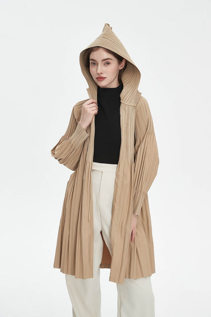 Women's Japanese Pleated Trench Coat with Hood – Lightweight & Breathable