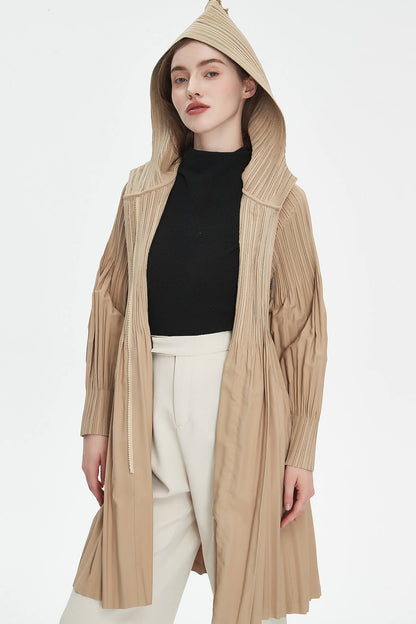 Women's Japanese Pleated Trench Coat with Hood – Lightweight & Breathable