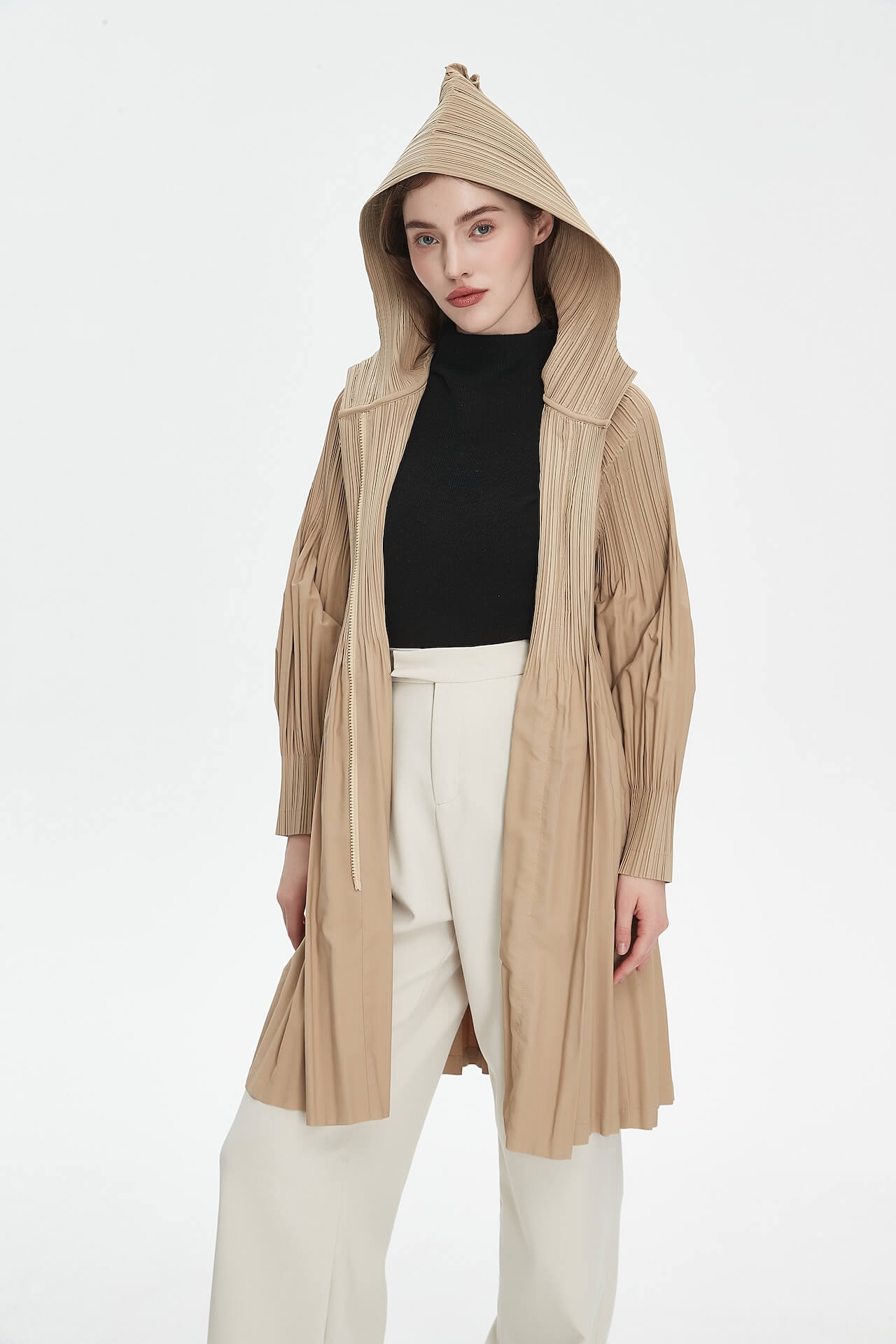 Women's Japanese Pleated Trench Coat with Hood – Lightweight & Breathable