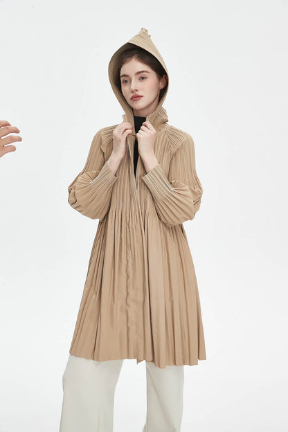 Women's Japanese Pleated Trench Coat with Hood – Lightweight & Breathable