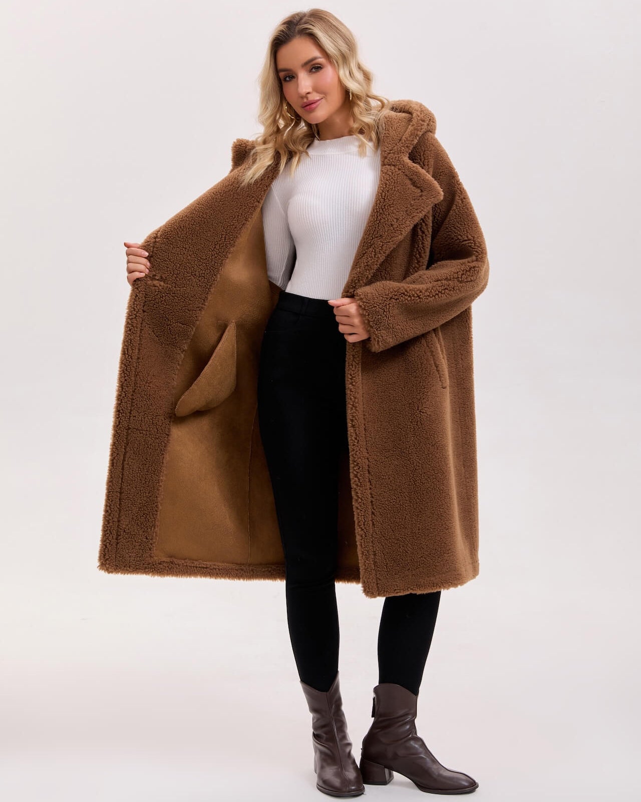 Max Mara Style Teddy Bear Icon 100% Wool&Cashmere Coat–Brown with Hood